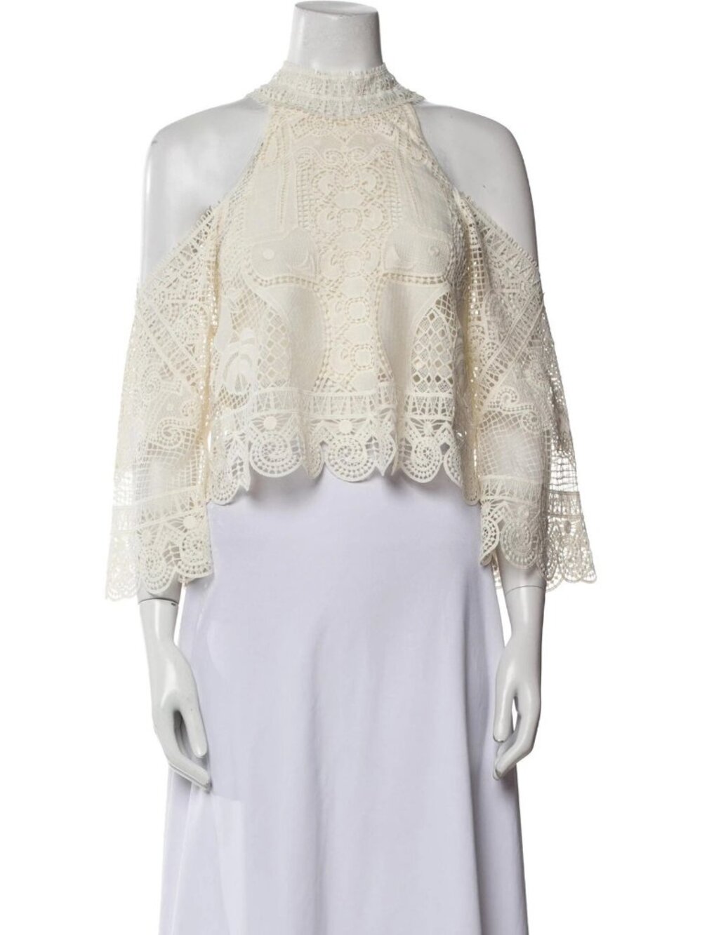 Farm Rio x Anthropologie Guipure Lace Cold-Shoulder XS Ivory MockNeck Blouse
